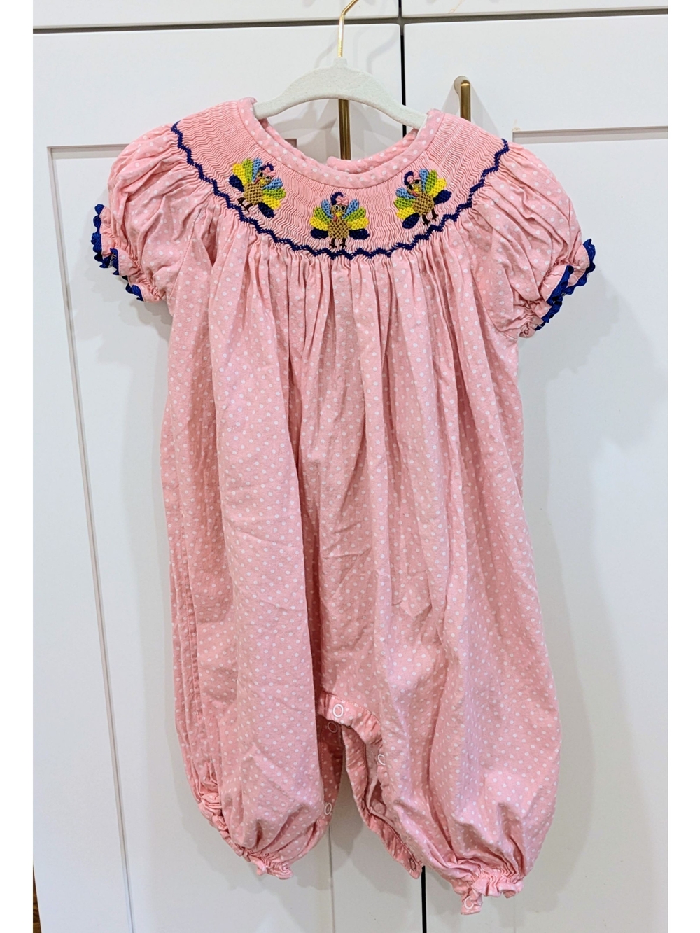 Baby Girls Pink Smocked One-Piece Romper with Turkey Embroidery